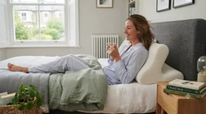 Relaxed person waking up refreshed after sleeping with an ergonomic cervical pillow.