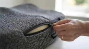 Removable and washable fabric cover of a lumbar support cushion being unzipped.