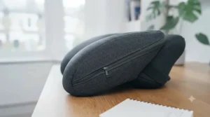 Removable and washable fabric cover on an ergonomic neck support pillow for office chair