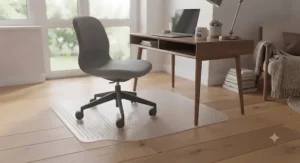 Work-from-home corner in a British living room with a discreet chair mat protecting the flooring.
